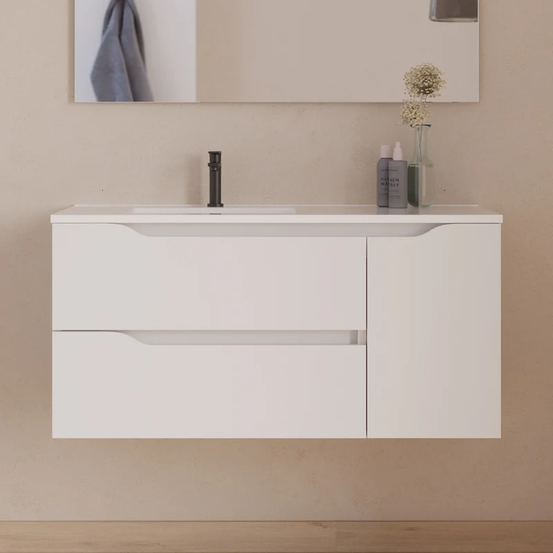 Meuble sous vasque seul, 2 tiroirs et 1 porte, 100cm, pour vasque déportée gauche - ZARZA