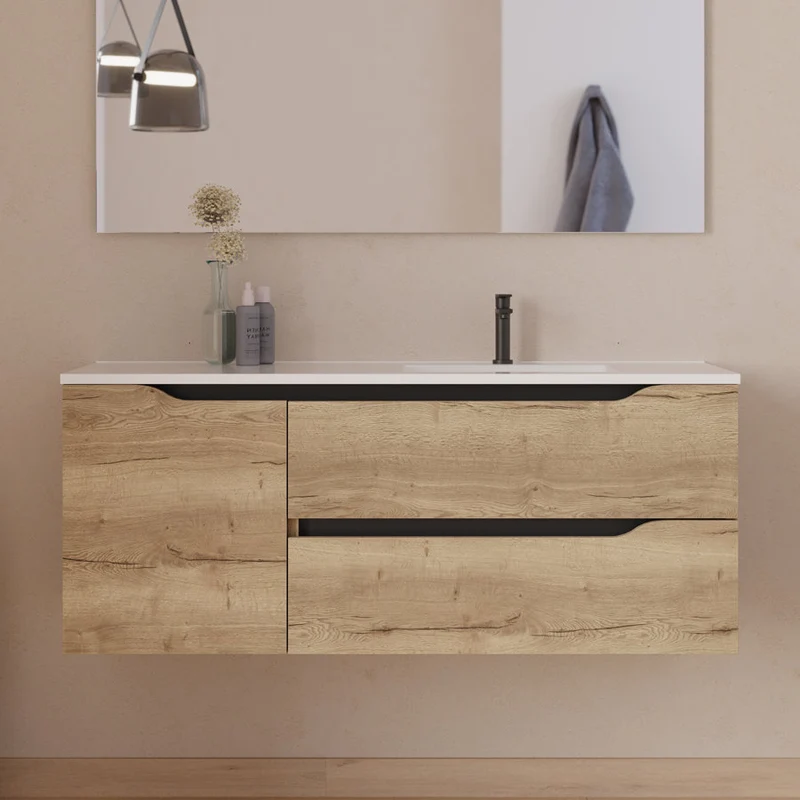 Meuble de salle de bain 120cm avec vasque déportée à droite et miroir - 2 tiroirs et un placard - ZARZA