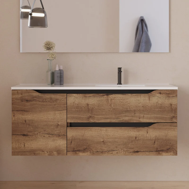 Meuble de salle de bain 120cm avec vasque déportée à droite et miroir - 2 tiroirs et un placard - ZARZA