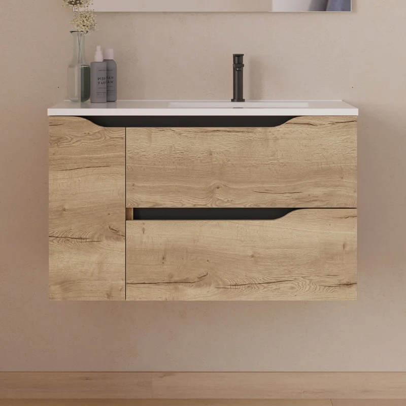 Meuble sous vasque seul, 2 tiroirs et 1 porte, 80cm, pour vasque déportée droite - ZARZA