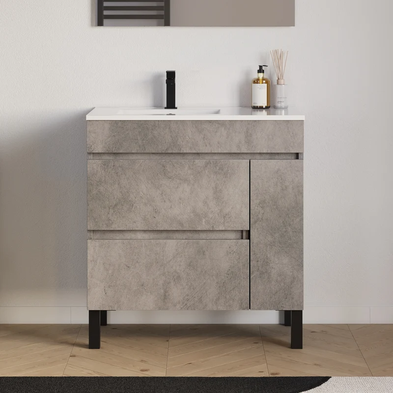 Meuble de salle de bain 80cm sur pieds avec vasque déportée à gauche avec porte et tiroirs - LAZARO