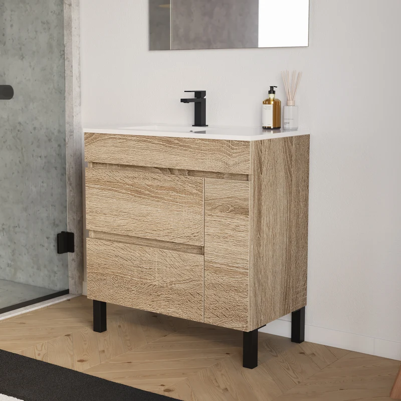Meuble de salle de bain 80cm sur pieds avec vasque déportée à gauche avec porte et tiroirs - LAZARO