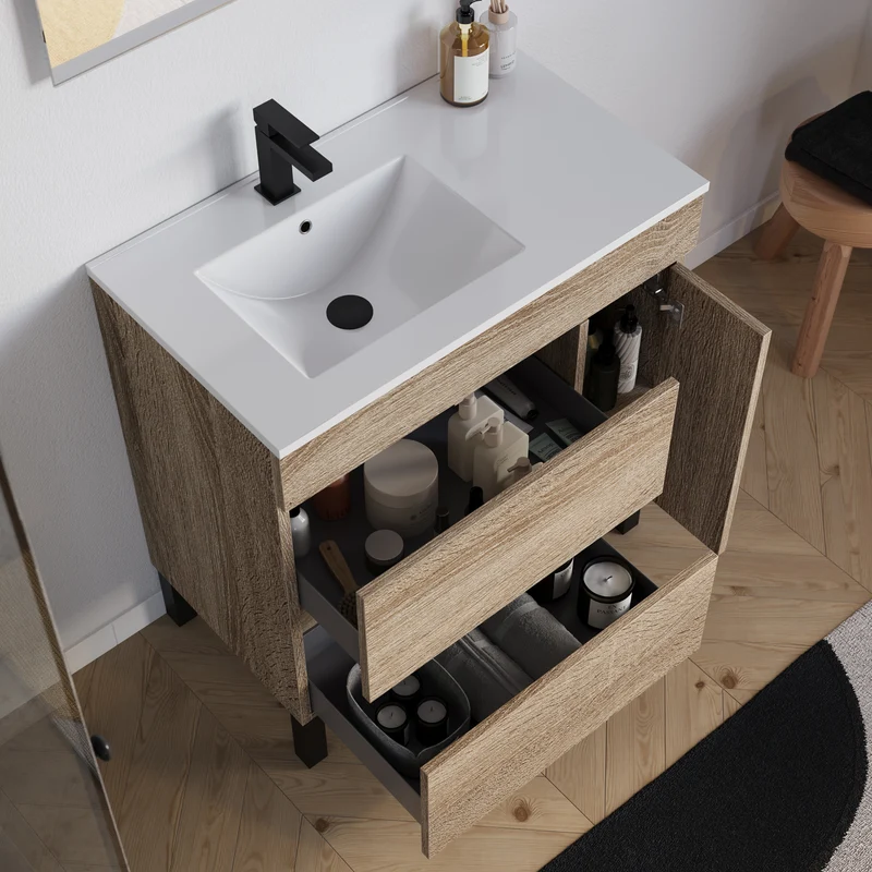 Meuble de salle de bain 80cm sur pieds avec vasque déportée à gauche avec porte et tiroirs - LAZARO
