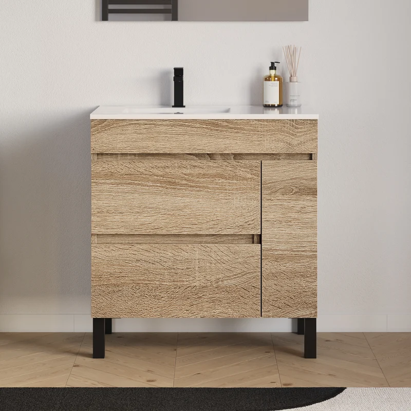 Meuble de salle de bain 80cm sur pieds avec vasque déportée à gauche avec porte et tiroirs - LAZARO