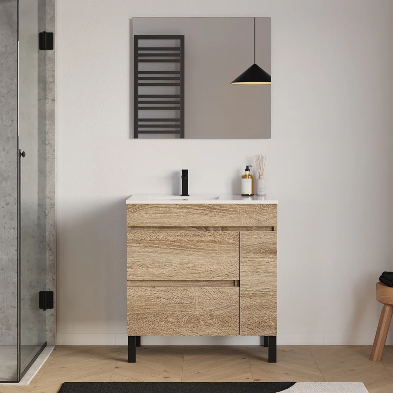 Meuble de salle de bain 80cm sur pieds avec vasque déportée à gauche avec porte et tiroirs - LAZARO