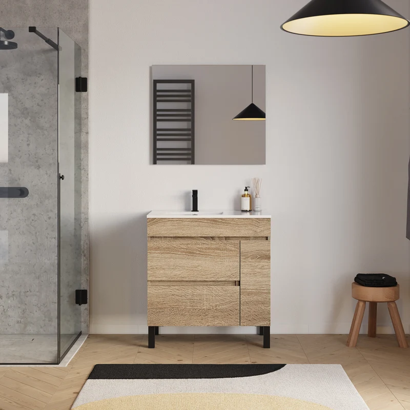 Meuble de salle de bain 80cm sur pieds avec vasque déportée à gauche avec porte et tiroirs - LAZARO