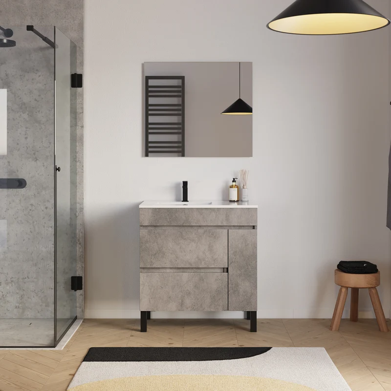 Meuble de salle de bain 80cm sur pieds avec vasque déportée à gauche avec porte et tiroirs - LAZARO