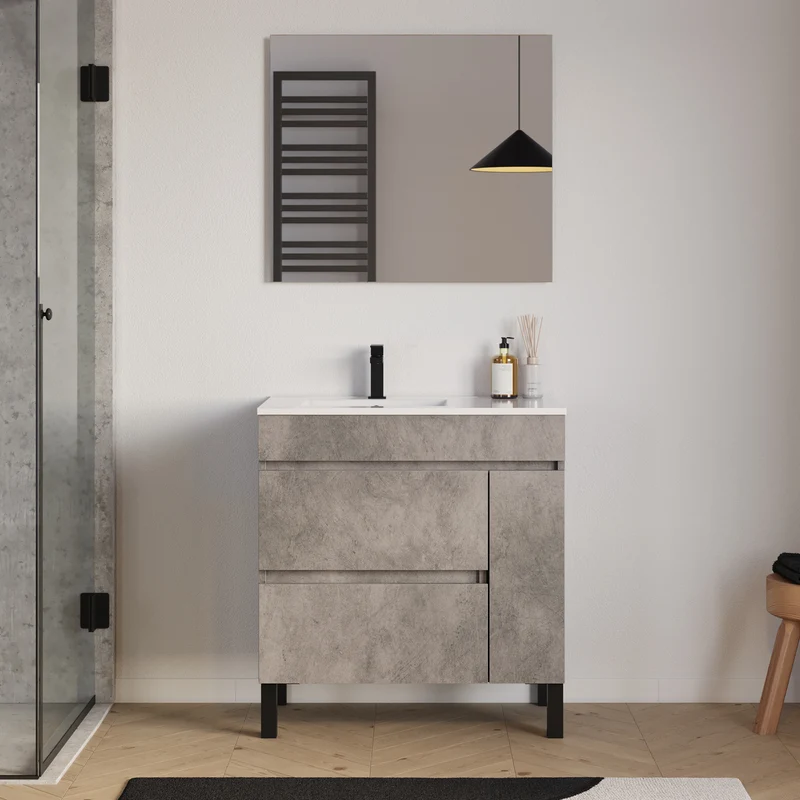 Meuble de salle de bain 80cm sur pieds avec vasque déportée à gauche avec porte et tiroirs - LAZARO