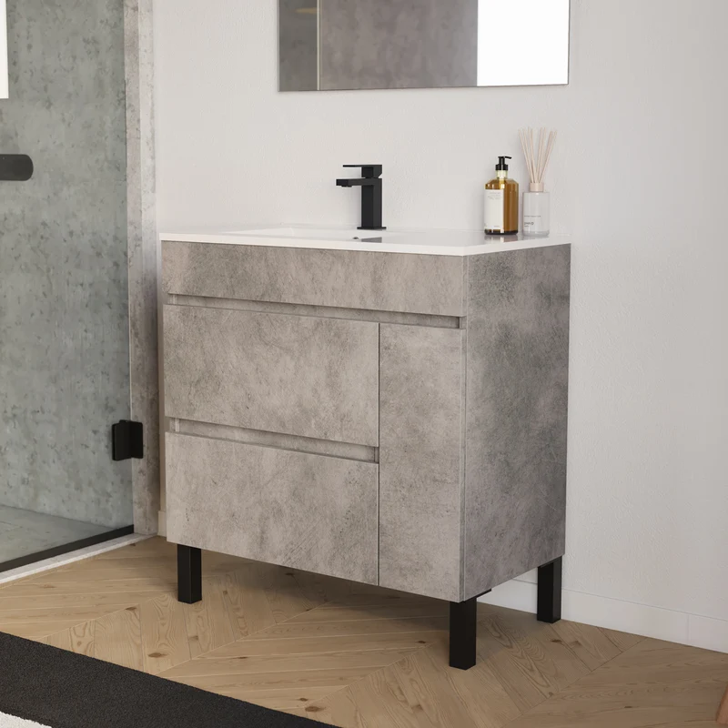 Meuble de salle de bain 80cm sur pieds avec vasque déportée à gauche avec porte et tiroirs - LAZARO