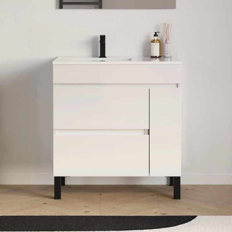 Meuble de salle de bain 80cm sur pieds avec vasque déportée à gauche avec porte et tiroirs - LAZARO