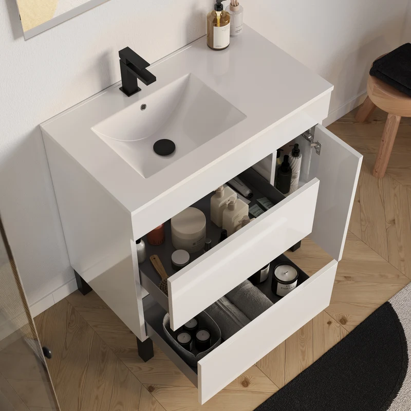 Meuble de salle de bain 80cm sur pieds avec vasque déportée à gauche avec porte et tiroirs - LAZARO