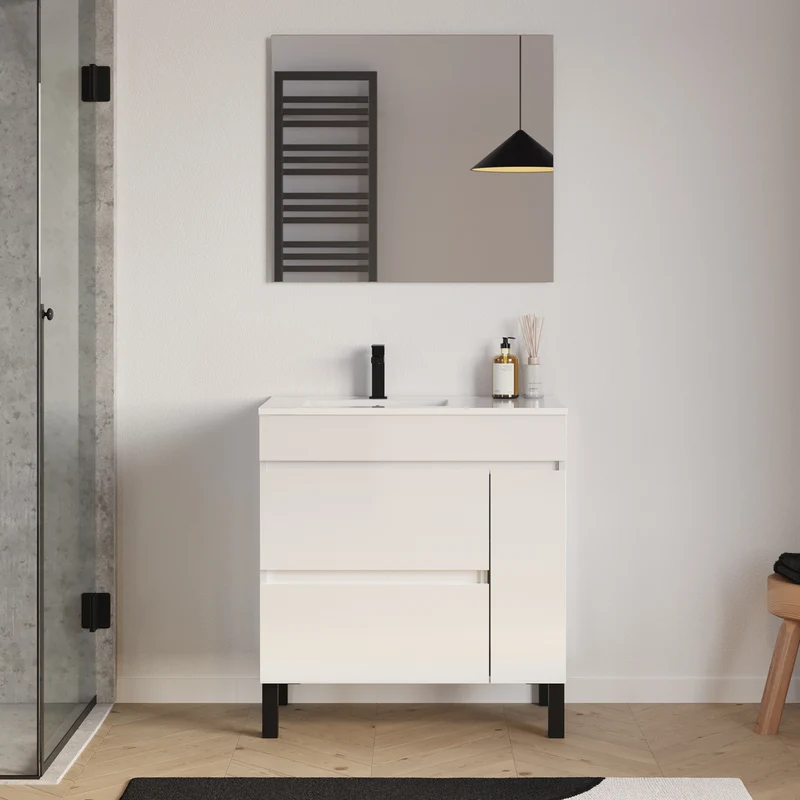 Meuble de salle de bain 80cm sur pieds avec vasque déportée à gauche avec porte et tiroirs - LAZARO