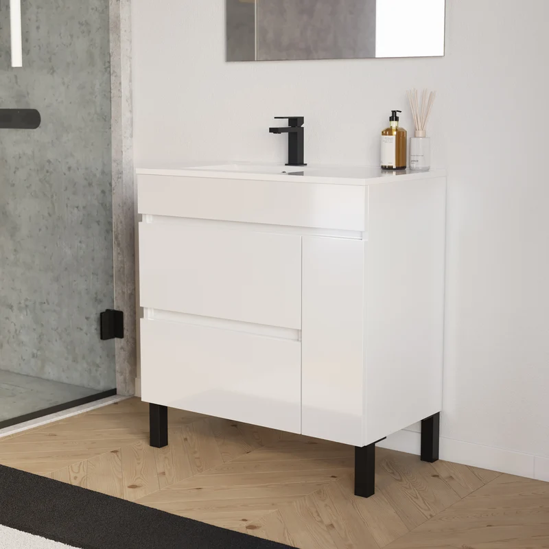 Meuble de salle de bain 80cm sur pieds avec vasque déportée à gauche avec porte et tiroirs - LAZARO