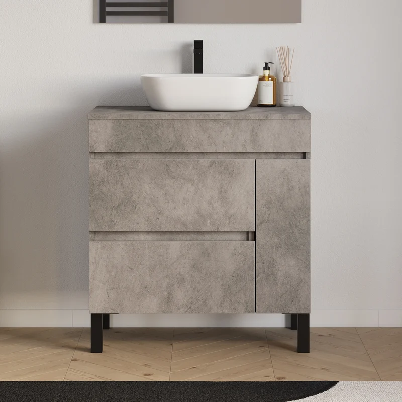 Meuble de salle de bain 70cm avec plateau et vasque à poser arrondie - porte et tiroirs - LAZARO