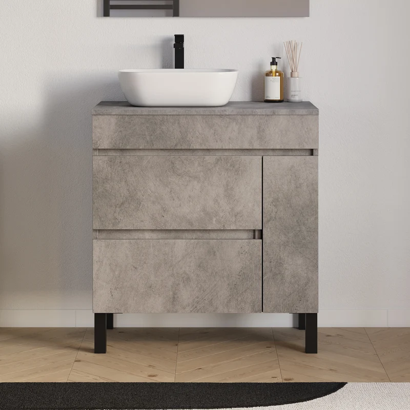 Meuble de salle de bain 70cm avec plateau et vasque à poser arrondie - porte et tiroirs - LAZARO