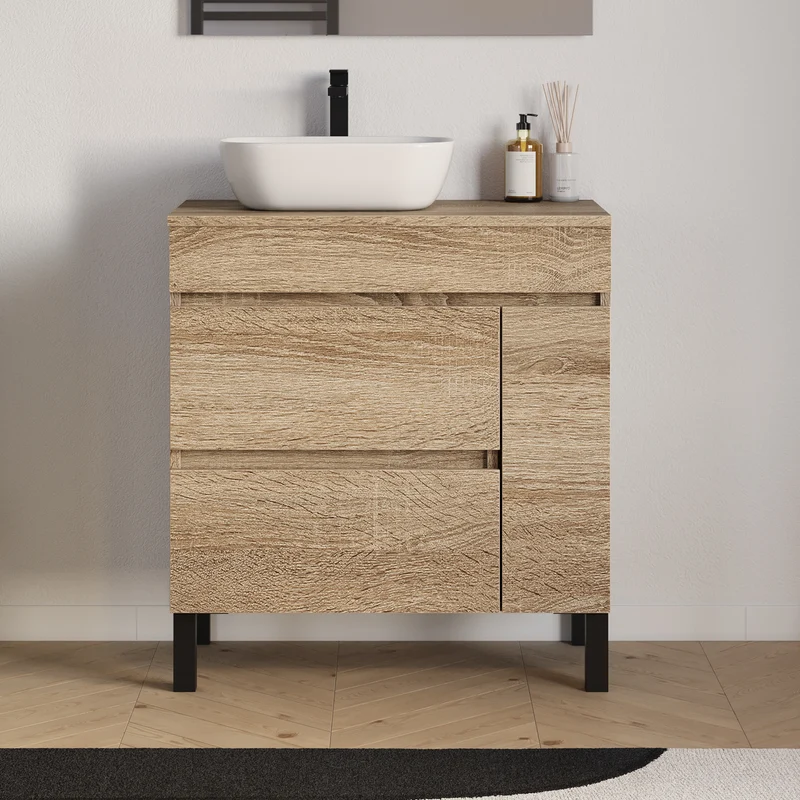 Meuble de salle de bain 70cm avec plateau et vasque à poser arrondie - porte et tiroirs - LAZARO