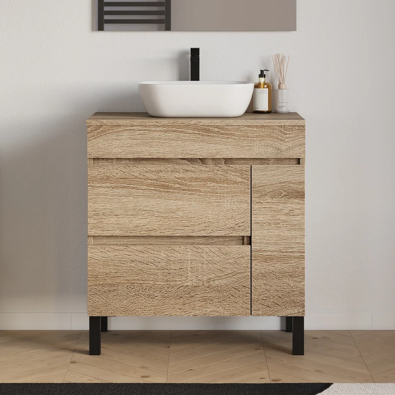 Meuble de salle de bain 70cm avec plateau et vasque à poser arrondie - porte et tiroirs - LAZARO