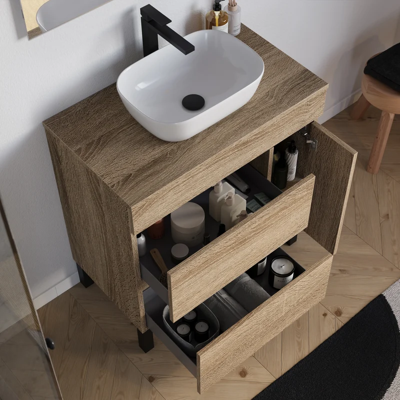 Meuble de salle de bain 70cm avec plateau et vasque à poser arrondie - porte et tiroirs - LAZARO