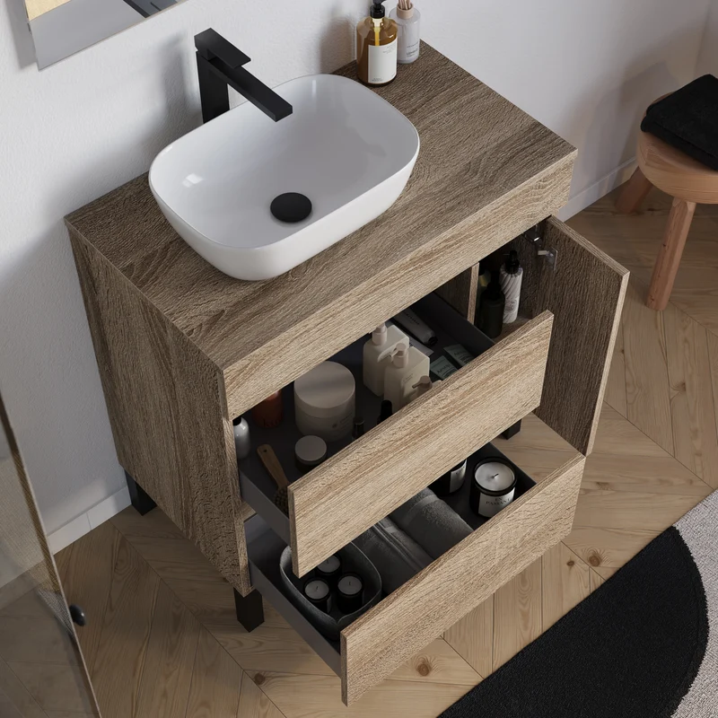 Meuble de salle de bain 70cm avec plateau et vasque à poser arrondie - porte et tiroirs - LAZARO