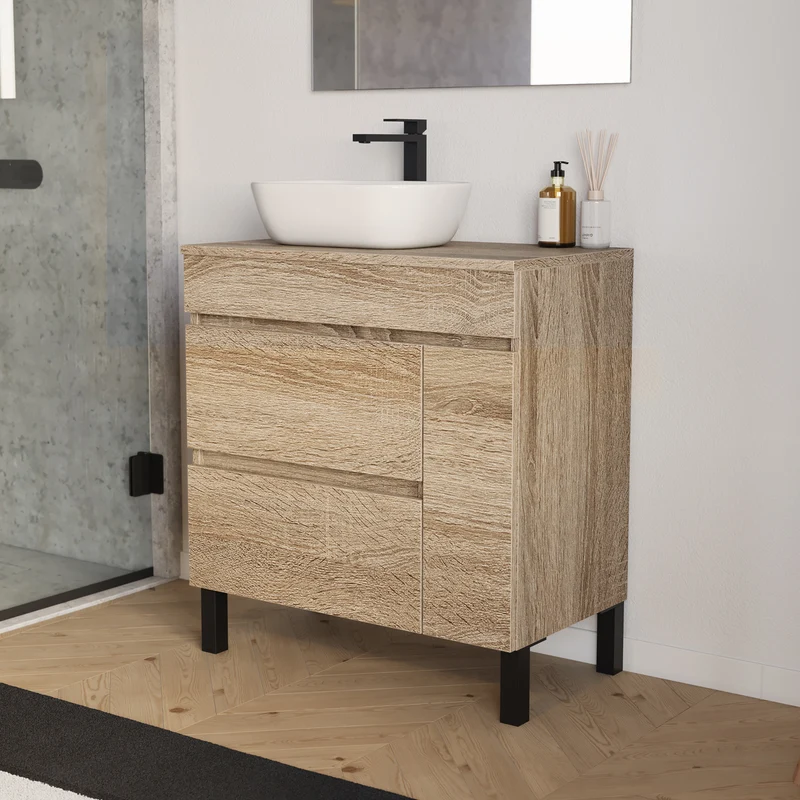 Meuble de salle de bain 70cm avec plateau et vasque à poser arrondie - porte et tiroirs - LAZARO