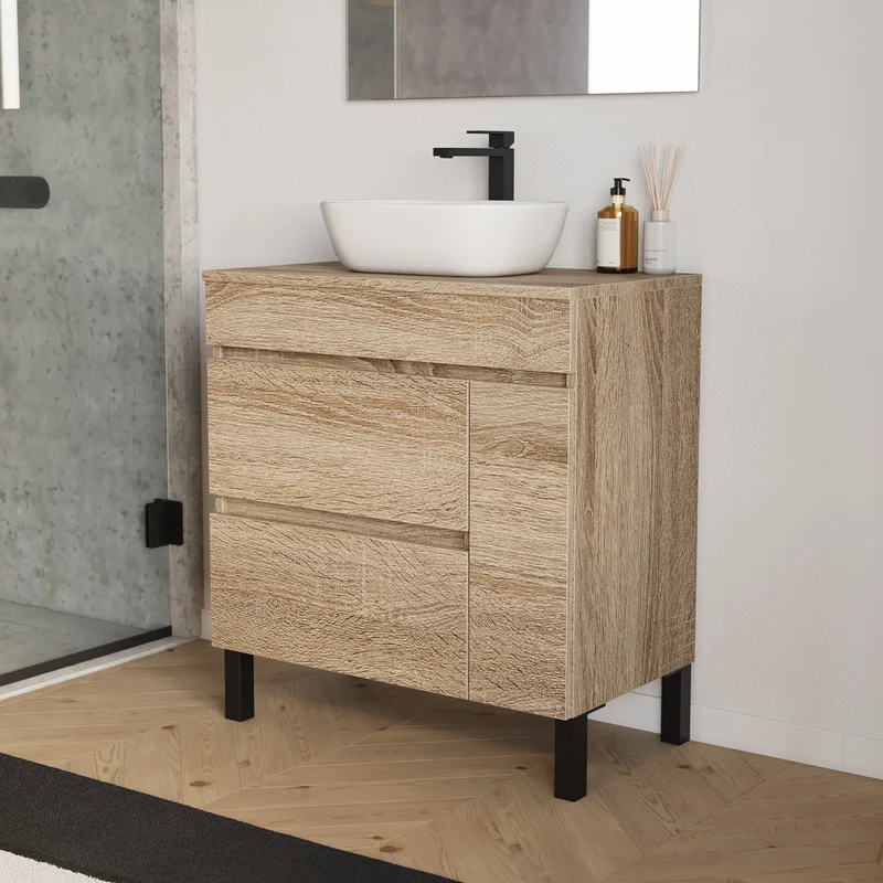 Meuble de salle de bain 70cm avec plateau et vasque à poser arrondie - porte et tiroirs - LAZARO