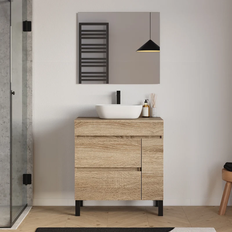 Meuble de salle de bain 70cm avec plateau et vasque à poser arrondie - porte et tiroirs - LAZARO