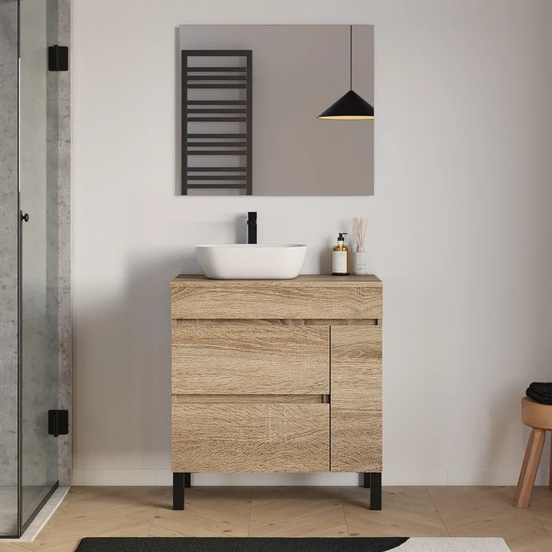 Meuble de salle de bain 70cm avec plateau et vasque à poser arrondie - porte et tiroirs - LAZARO