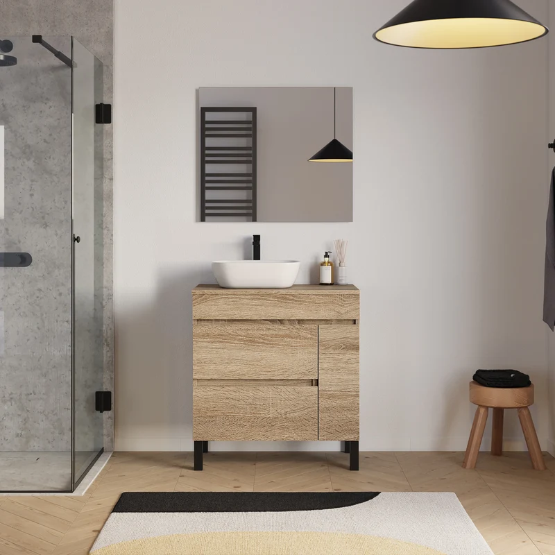 Meuble de salle de bain 70cm avec plateau et vasque à poser arrondie - porte et tiroirs - LAZARO