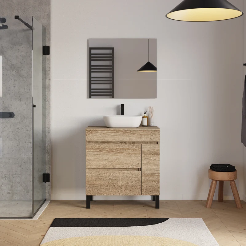 Meuble de salle de bain 70cm avec plateau et vasque à poser arrondie - porte et tiroirs - LAZARO
