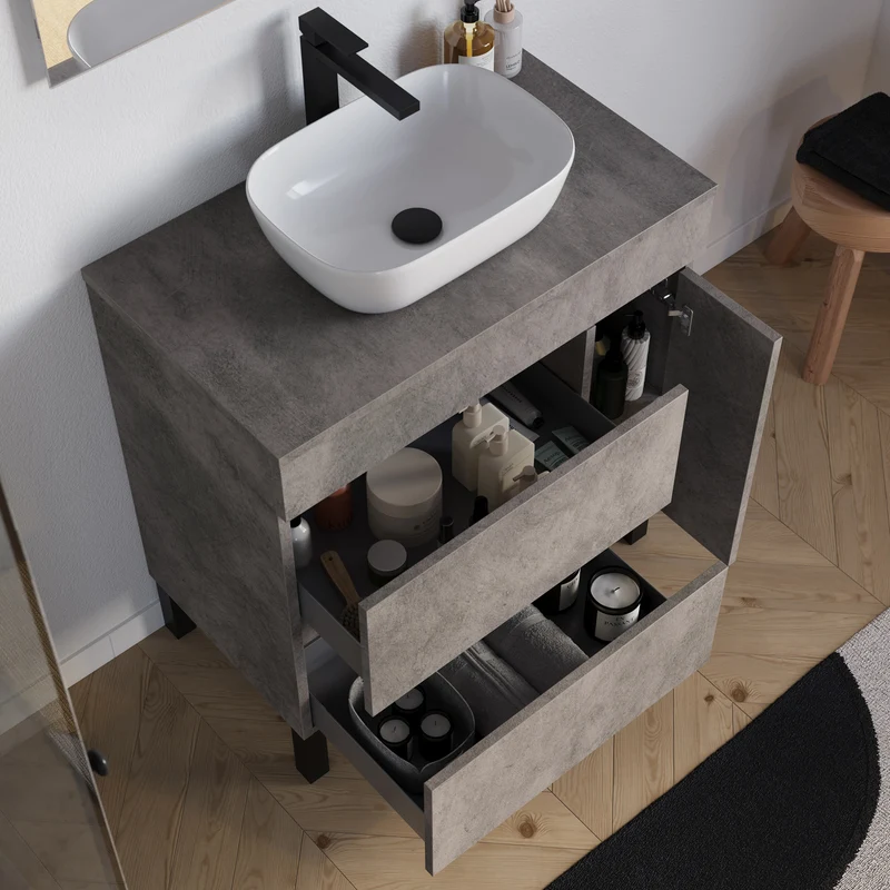 Meuble de salle de bain 70cm avec plateau et vasque à poser arrondie - porte et tiroirs - LAZARO