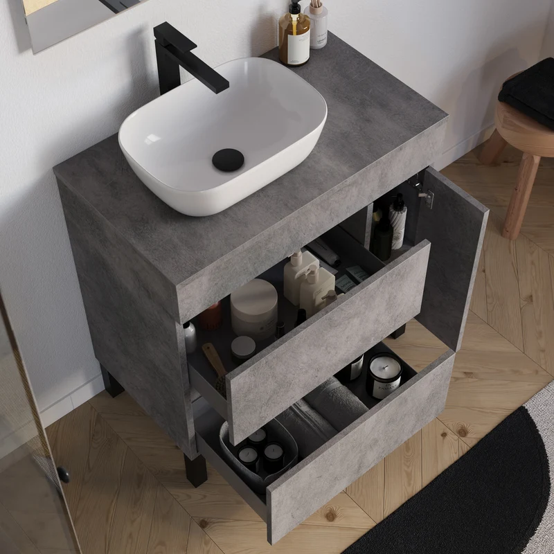Meuble de salle de bain 70cm avec plateau et vasque à poser arrondie - porte et tiroirs - LAZARO