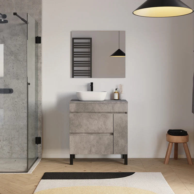 Meuble de salle de bain 70cm avec plateau et vasque à poser arrondie - porte et tiroirs - LAZARO