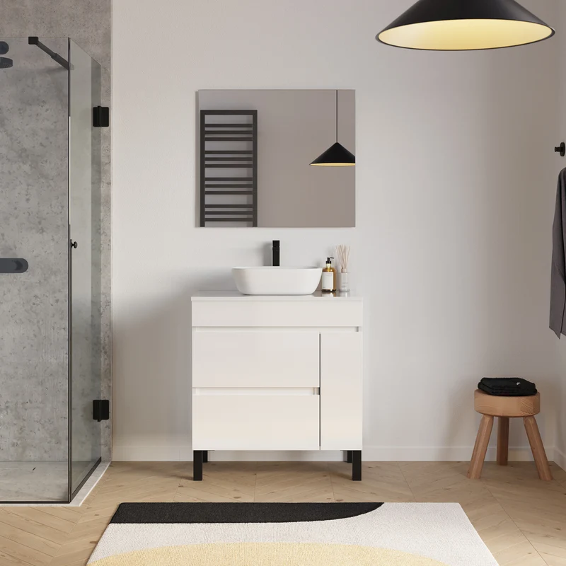Meuble de salle de bain 70cm avec plateau et vasque à poser arrondie - porte et tiroirs - LAZARO