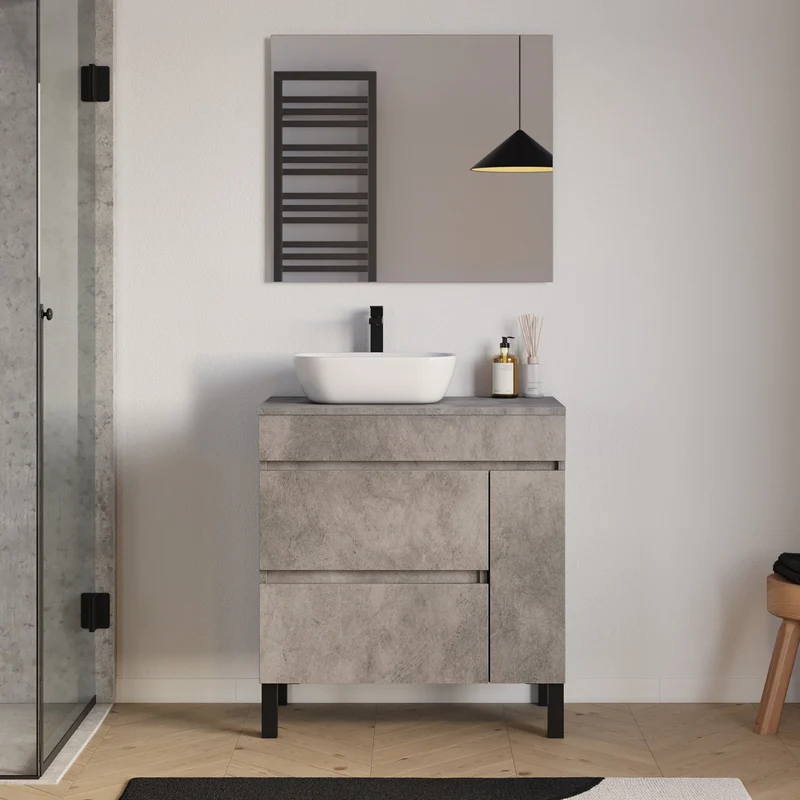 Meuble de salle de bain 70cm avec plateau et vasque à poser arrondie - porte et tiroirs - LAZARO