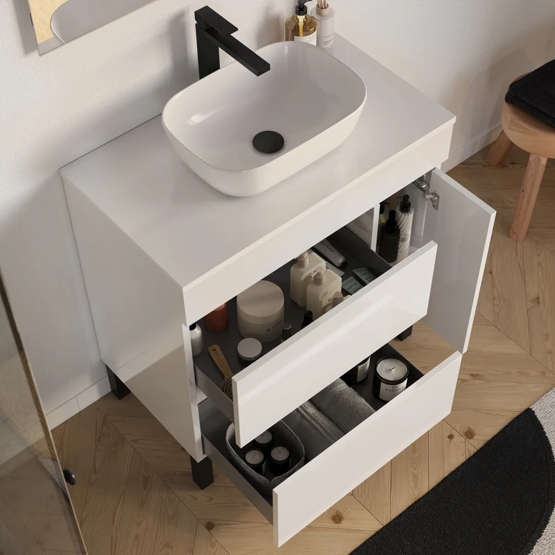 Meuble de salle de bain 70cm avec plateau et vasque à poser arrondie - porte et tiroirs - LAZARO