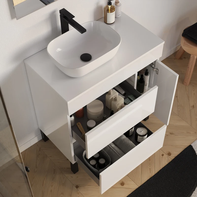 Meuble de salle de bain 70cm avec plateau et vasque à poser arrondie - porte et tiroirs - LAZARO