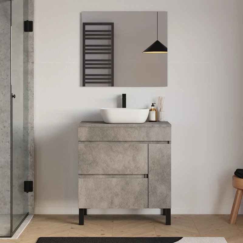 Meuble de salle de bain 70cm avec plateau et vasque à poser arrondie - porte et tiroirs - LAZARO