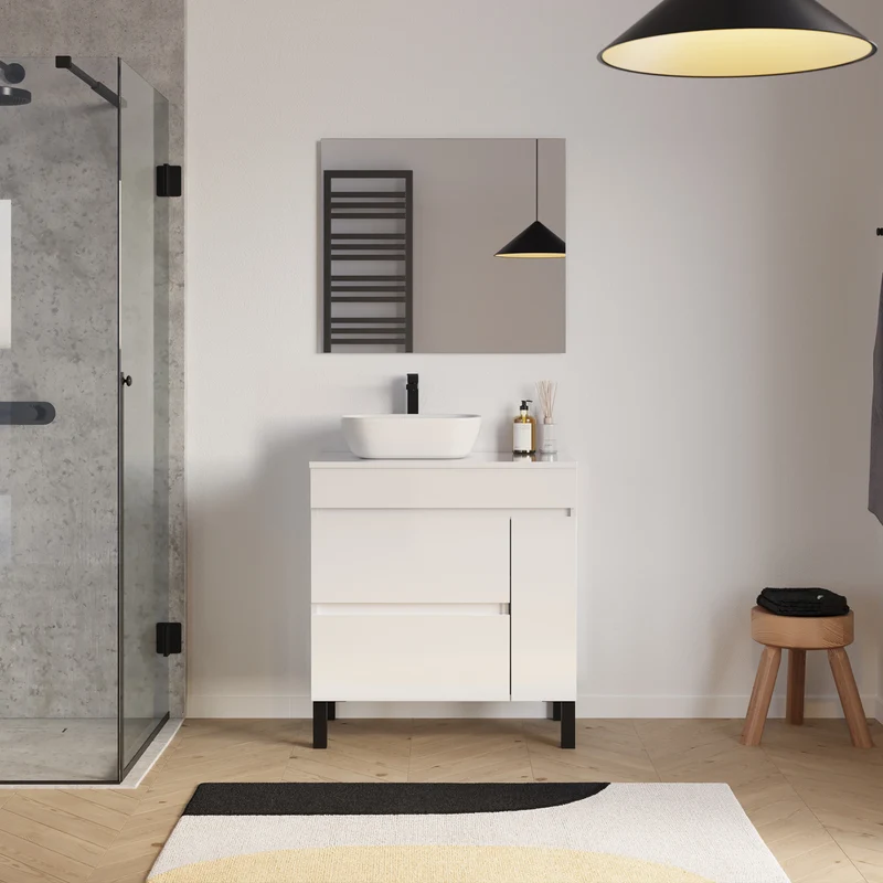 Meuble de salle de bain 70cm avec plateau et vasque à poser arrondie - porte et tiroirs - LAZARO