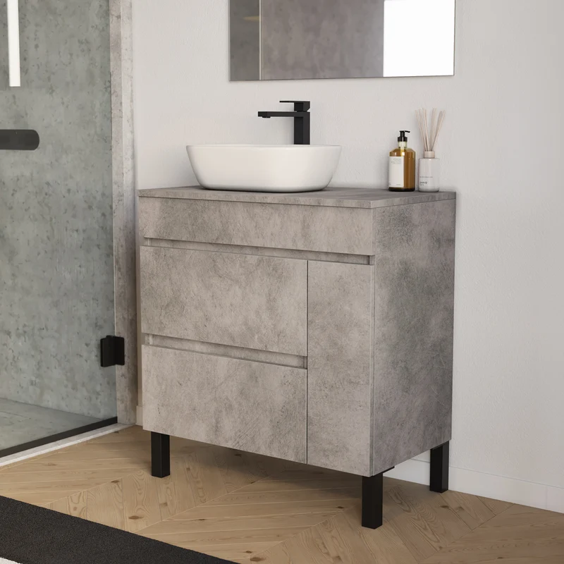 Meuble de salle de bain 70cm avec plateau et vasque à poser arrondie - porte et tiroirs - LAZARO