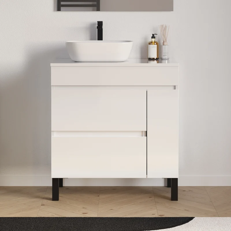 Meuble de salle de bain 70cm avec plateau et vasque à poser arrondie - porte et tiroirs - LAZARO
