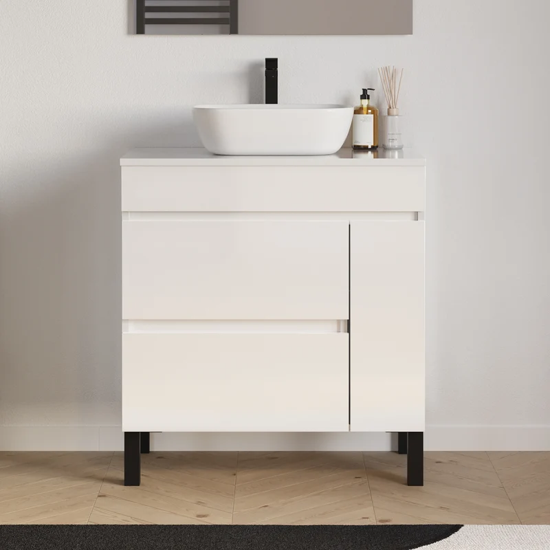 Meuble de salle de bain 70cm avec plateau et vasque à poser arrondie - porte et tiroirs - LAZARO