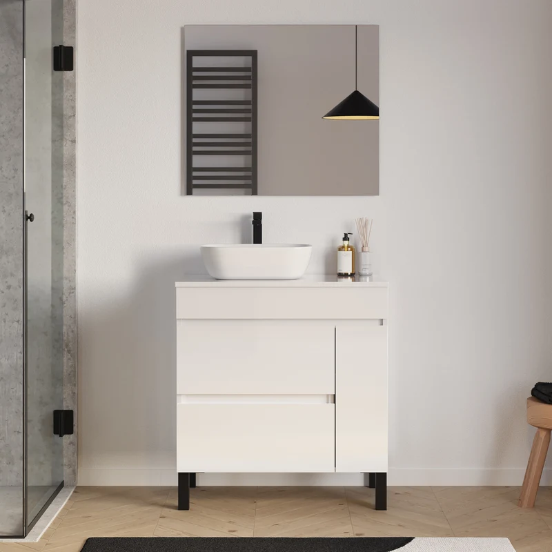Meuble de salle de bain 70cm avec plateau et vasque à poser arrondie - porte et tiroirs - LAZARO