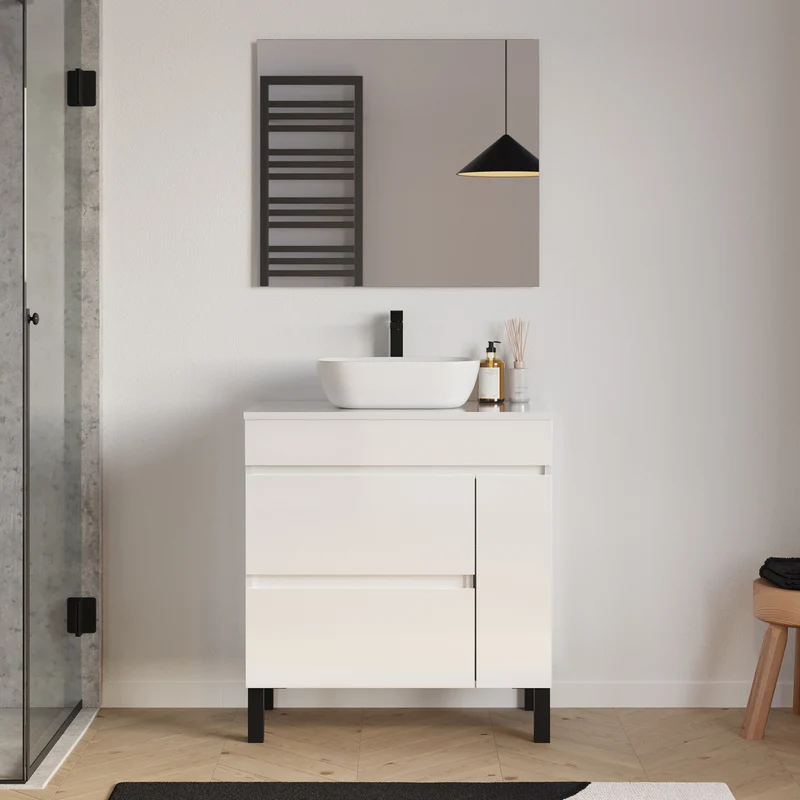 Meuble de salle de bain 70cm avec plateau et vasque à poser arrondie - porte et tiroirs - LAZARO