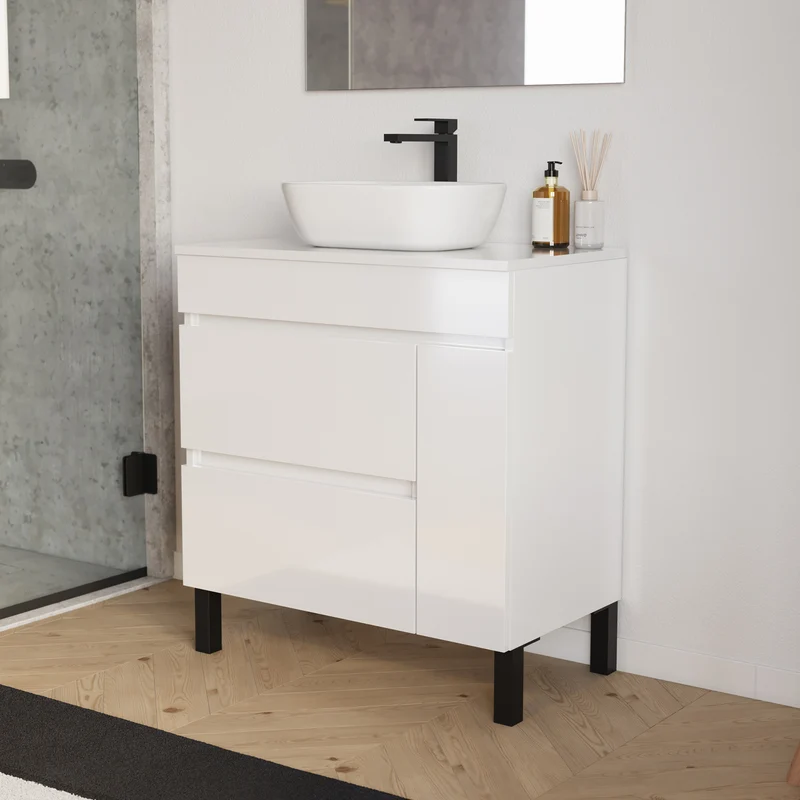 Meuble de salle de bain 70cm avec plateau et vasque à poser arrondie - porte et tiroirs - LAZARO
