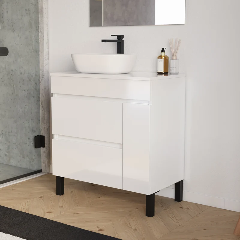Meuble de salle de bain 70cm avec plateau et vasque à poser arrondie - porte et tiroirs - LAZARO
