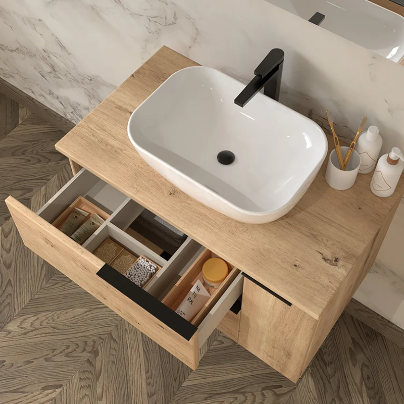 Meuble sous vasque seul, 2 tiroirs et 1 porte, 80cm, pour vasque déportée à gauche, roble (chêne clair) - KING