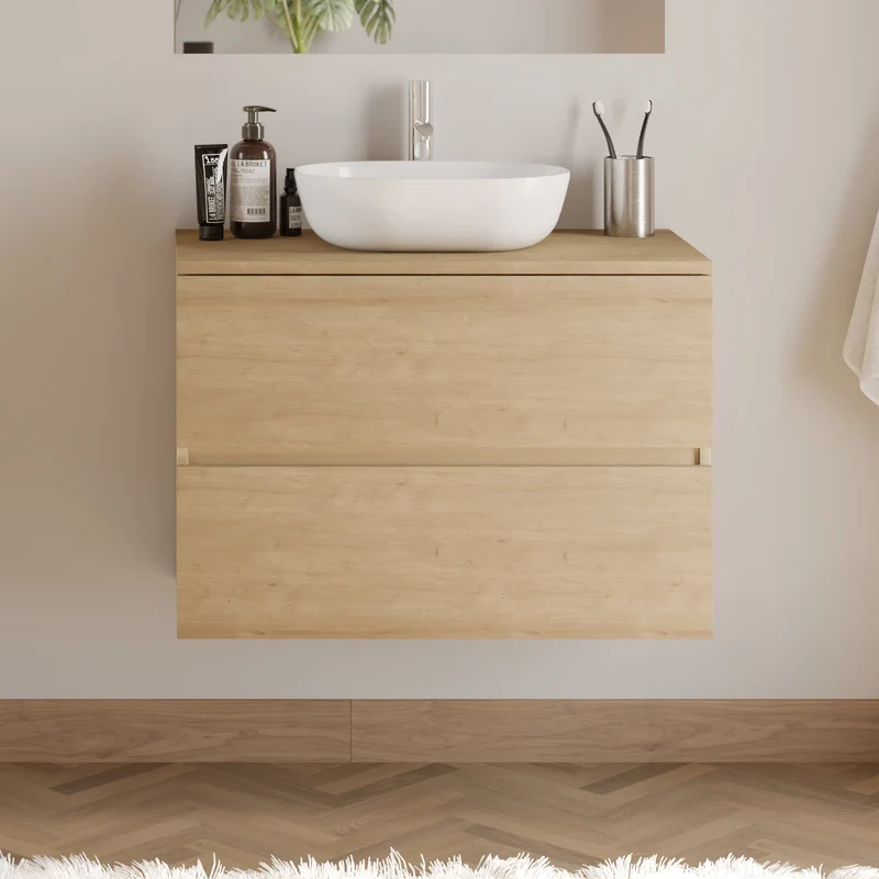 Meuble de salle de bain 80cm avec plateau et vasque à poser arrondie - 2 tiroirs - IDA