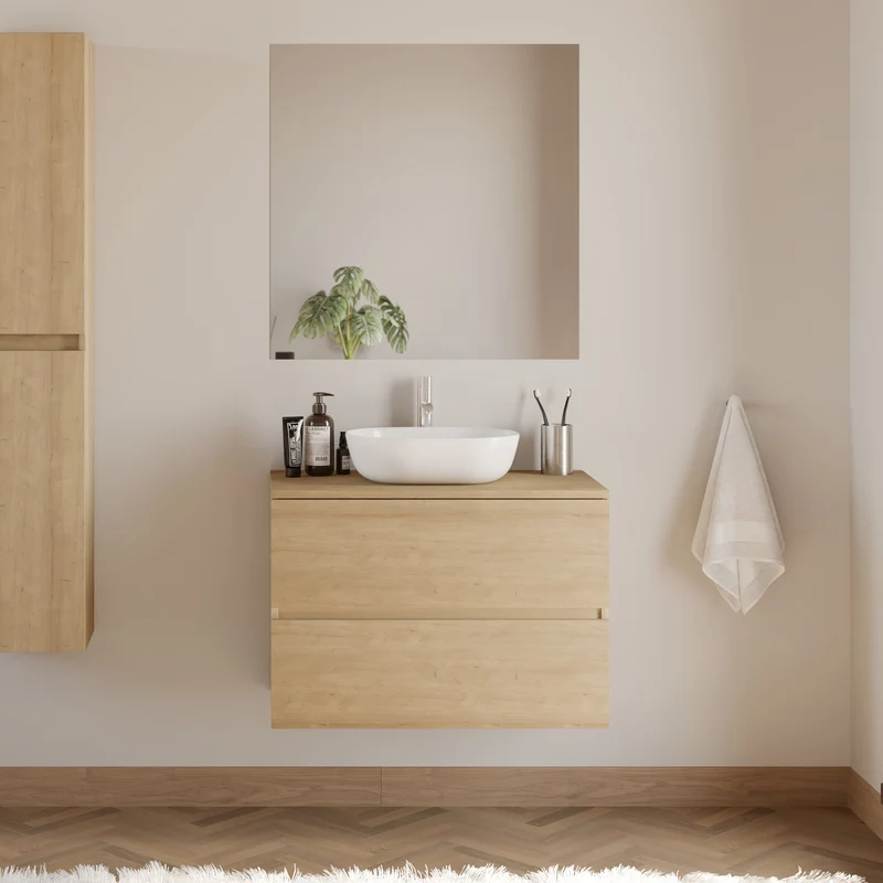 Meuble de salle de bain 80cm avec plateau et vasque à poser arrondie - 2 tiroirs - IDA