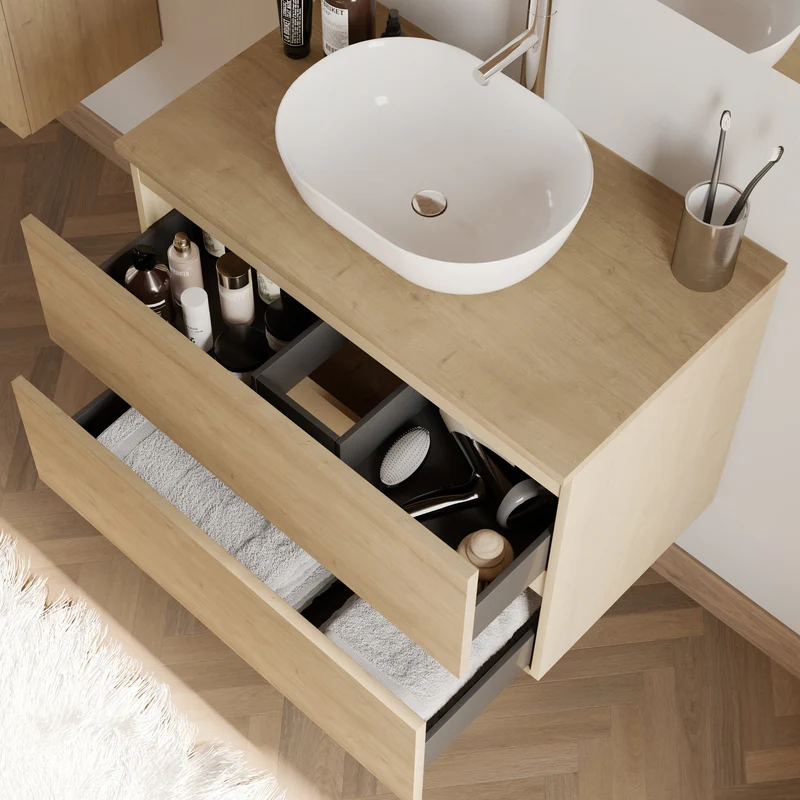 Meuble de salle de bain 80cm avec plateau et vasque à poser arrondie - 2 tiroirs - IDA