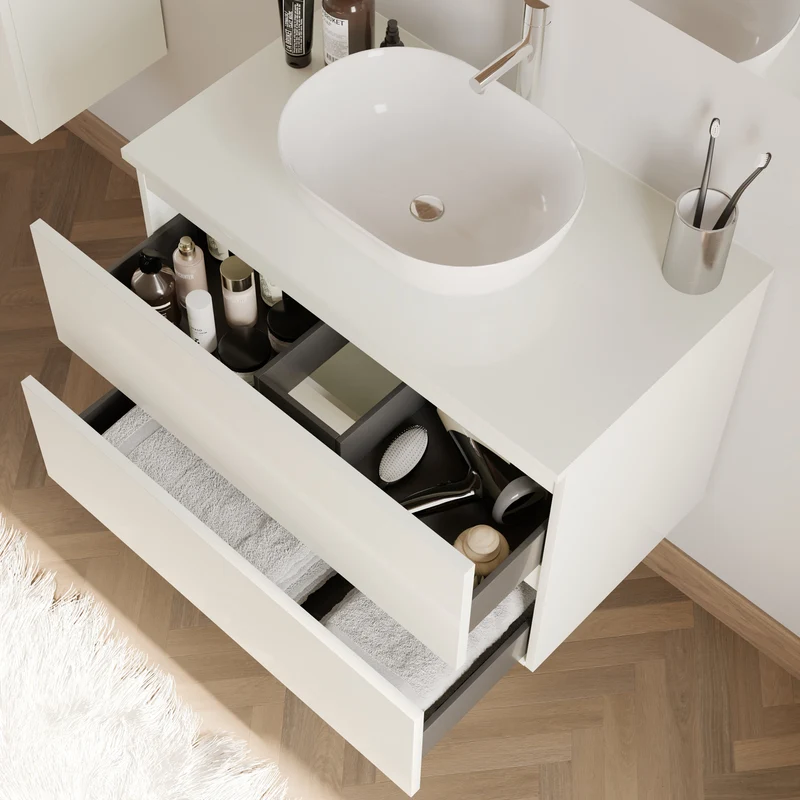 Meuble de salle de bain 80cm avec plateau et vasque à poser arrondie - 2 tiroirs - IDA